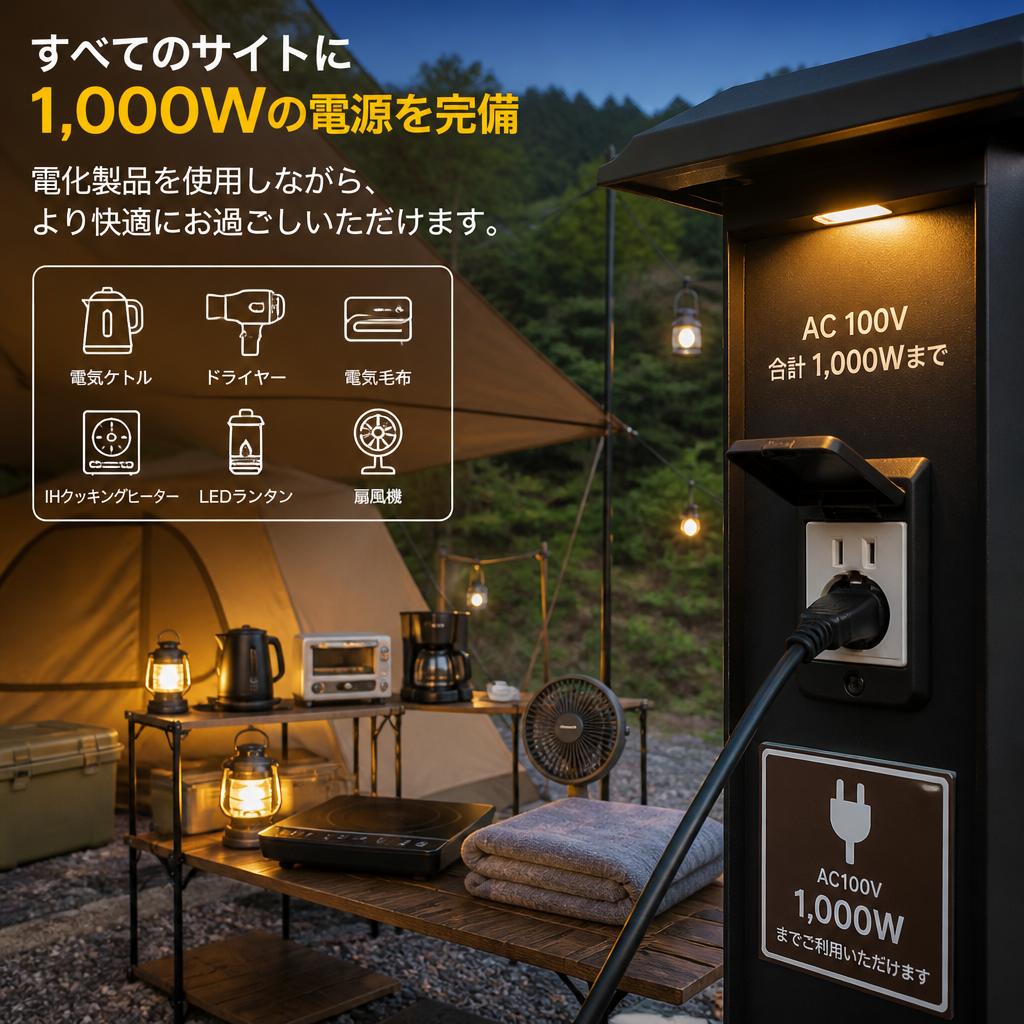 電源完備で快適なキャンプライフ